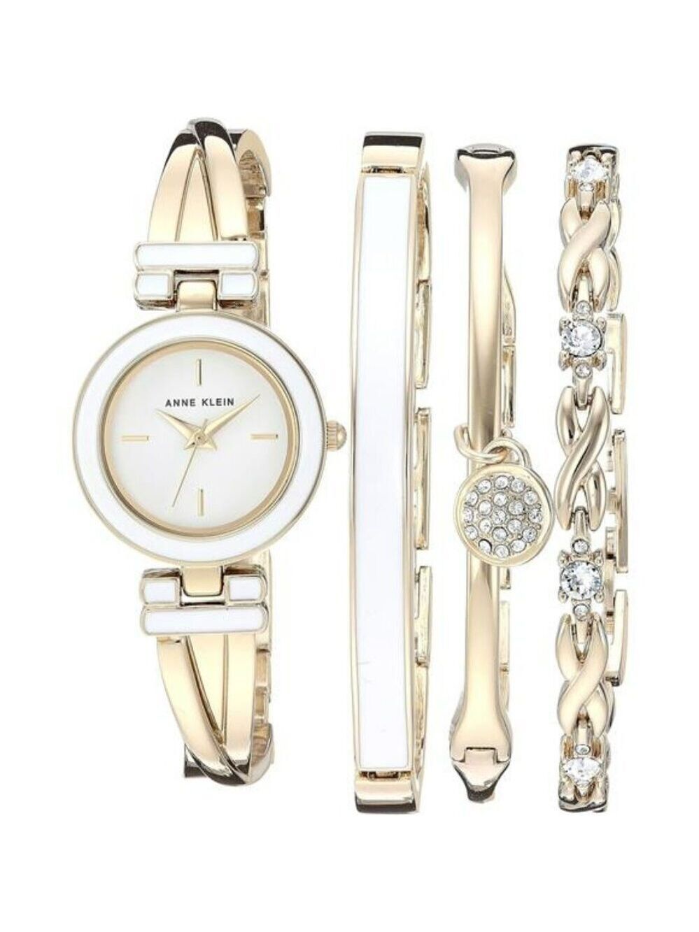 Womens Gold Bangle Watch Set with Crystal Accent Bracelets Quartz Jewelry
